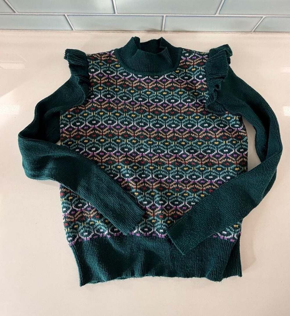 Soft Fair Isle Ruffle Shoulder Mock Neck Sweater in dark teal Green - xs